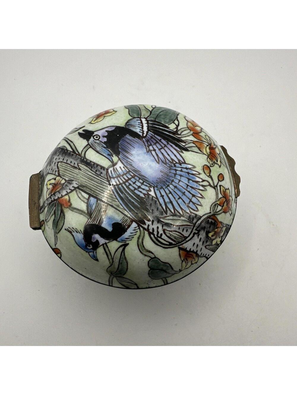 Chinese Canton Enamel Flower Bird Covered Small Trinket Box Decor